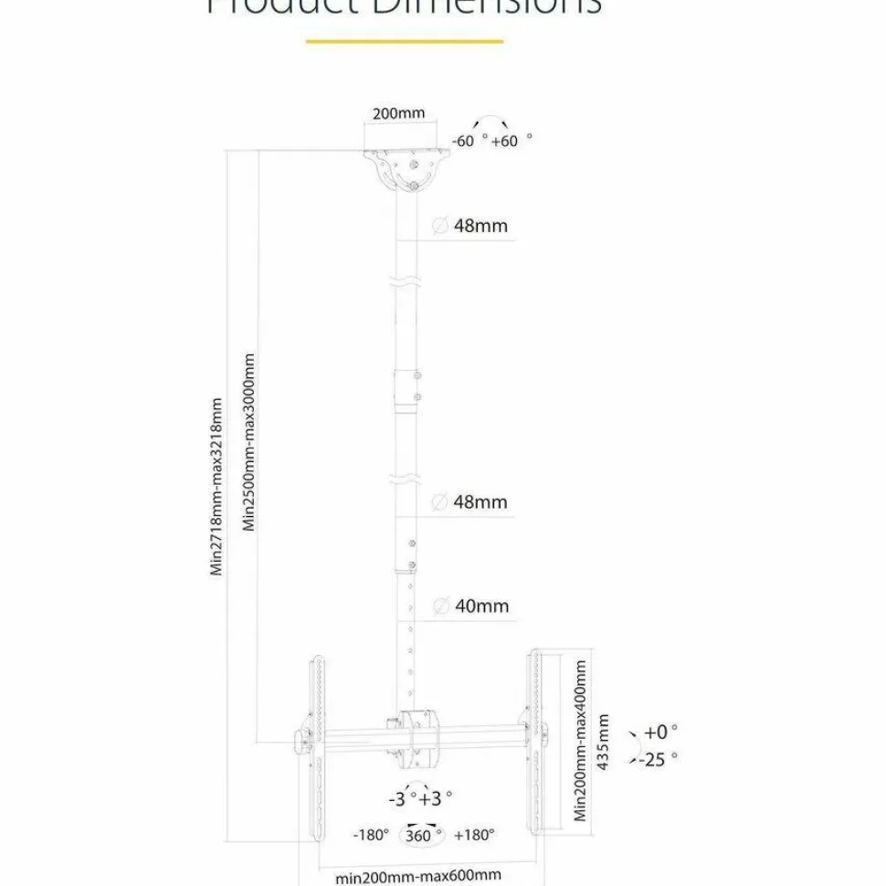StarTech.com Ceiling TV Mount For 32 to 75" TVs, 8.2' to 9.8' Long Pole