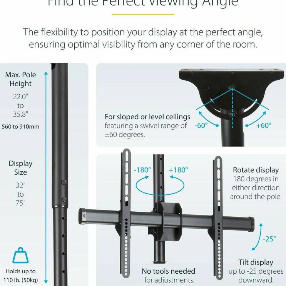 StarTech.com Ceiling TV Mount For 32" to 75" TVs, 1.8' to 3' Short Pole