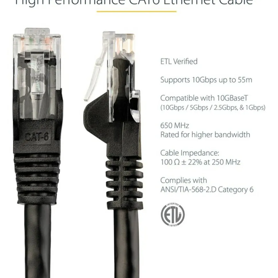 StarTech.com 12ft Black Cat6 Patch Cable with Snagless RJ45 Connectors - Cat6 Ethernet Cable - 12 ft Cat6 UTP Cable - N6PATCH12BK