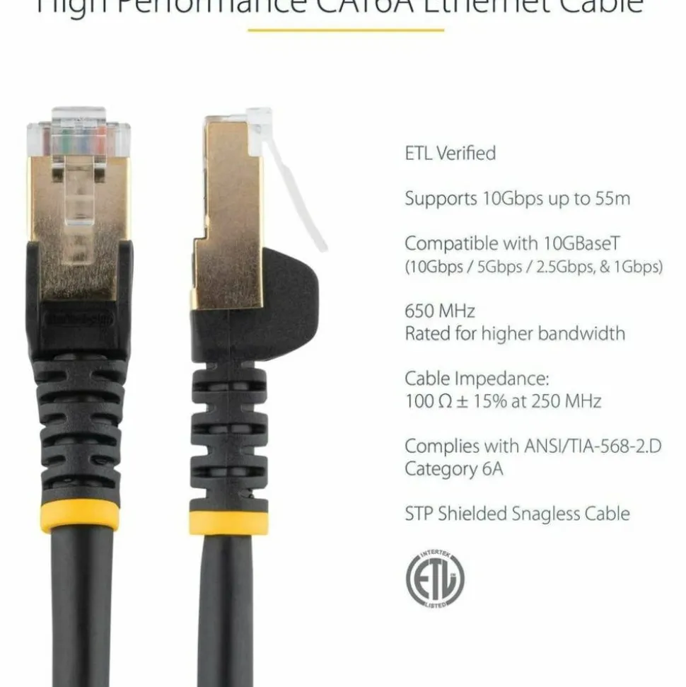 StarTech.com 7 ft CAT6a Ethernet Cable - 10 Gigabit Category 6a Shielded Snagless RJ45 100W PoE Patch Cord - 10GbE Black UL/TIA Certified