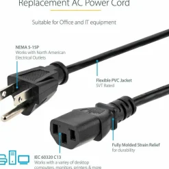 StarTech.com 6ft (2m) Computer Power Cord, NEMA 5-15P to C13, 10A 125V, 18AWG, Black Replacement AC PC Power Cord, TV/Monitor Power Cable
