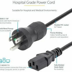 StarTech.com Hospital Grade NEMA 5-15P To C13 Monitor Power Cable, 6'