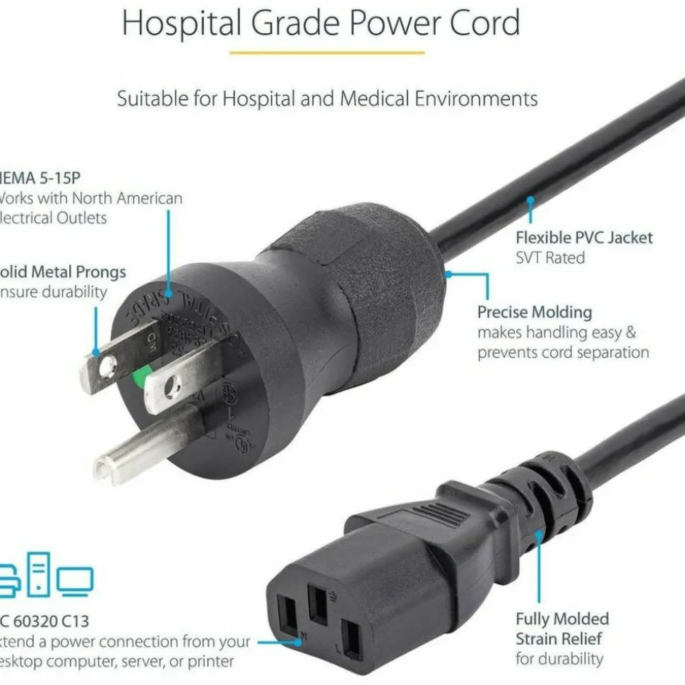 StarTech.com Hospital Grade NEMA 5-15P To C13 Monitor Power Cable, 6'