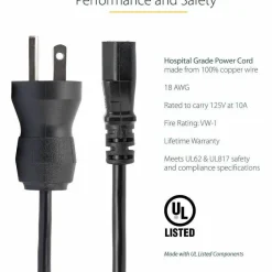 StarTech.com Hospital Grade NEMA 5-15P To C13 Monitor Power Cable, 6'