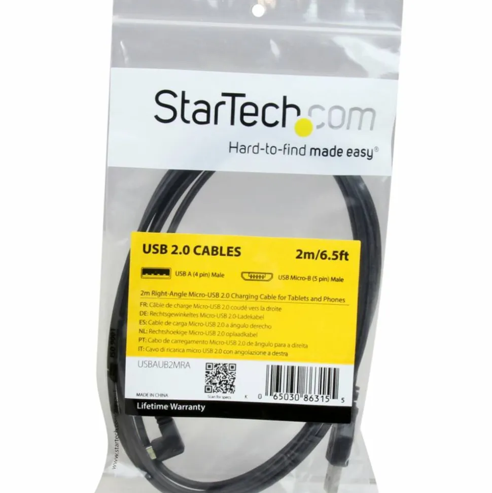 StarTech.com 2m 6 ft Right Angle Micro-USB Charge and Sync Cable M/M - USB 2.0 A to Micro USB - 24 AWG - USBAUB2MRA