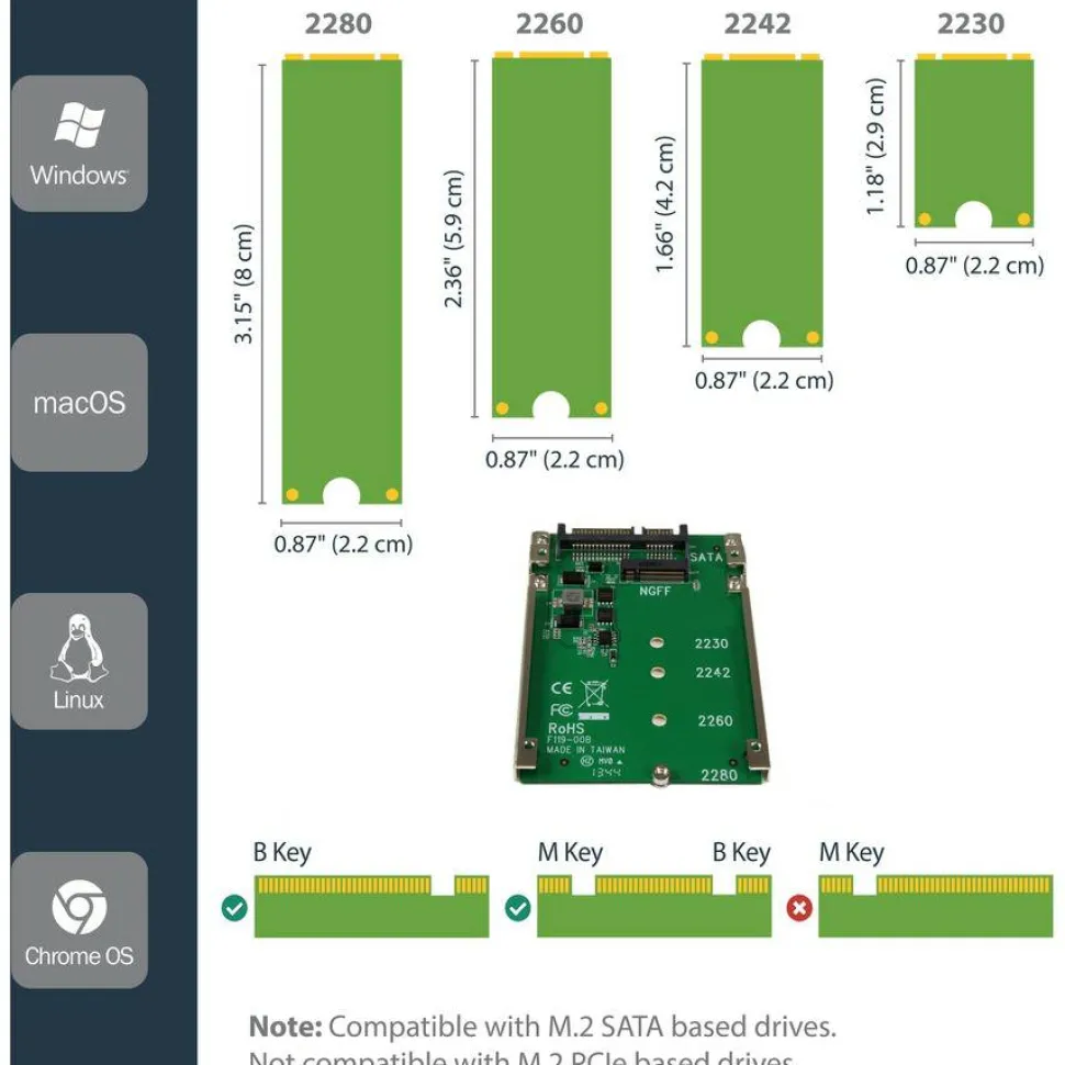 StarTech.com M.2 SATA SSD to 2.5in SATA Adapter Converter - Convert an M.2 SSD into a 7mm high 2.5in SATA 6Gbps Open Frame SSD