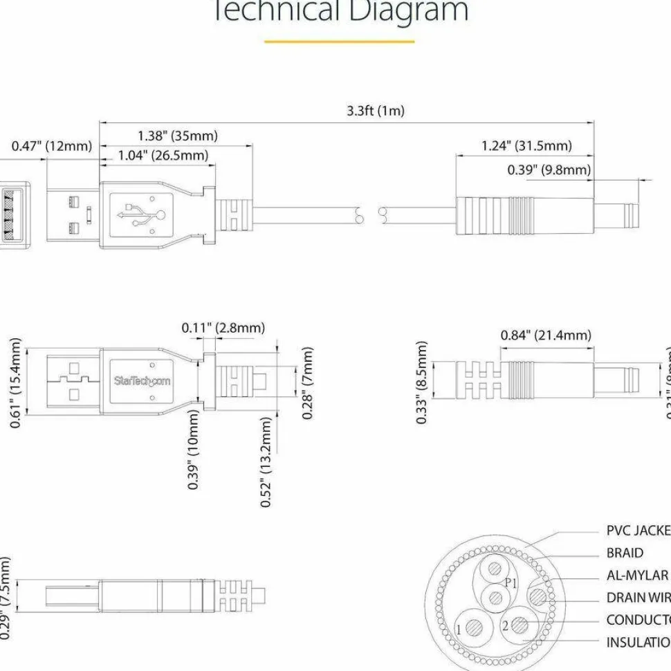 StarTech.com 1m USB to Type N Barrel 5V DC Power Cable - USB A to 5.5mm DC - Charge your 5V DC devices from your computer through a USB port