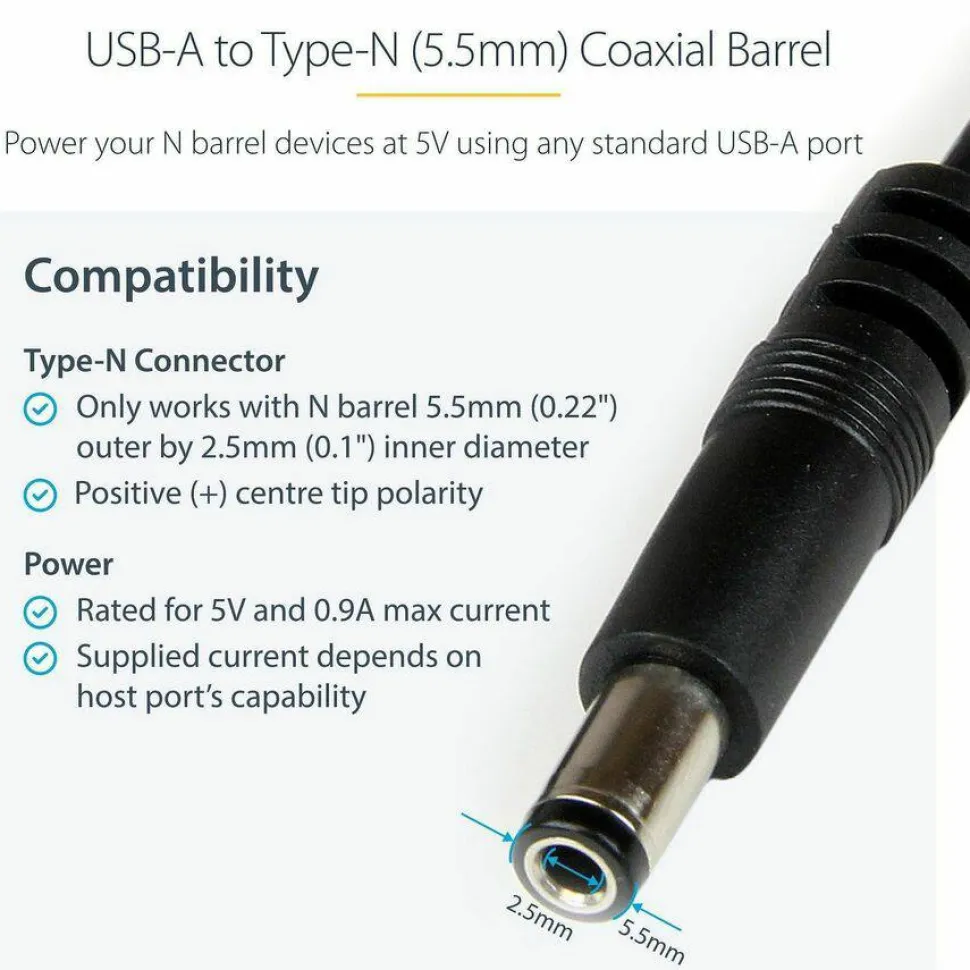 StarTech.com 1m USB to Type N Barrel 5V DC Power Cable - USB A to 5.5mm DC - Charge your 5V DC devices from your computer through a USB port