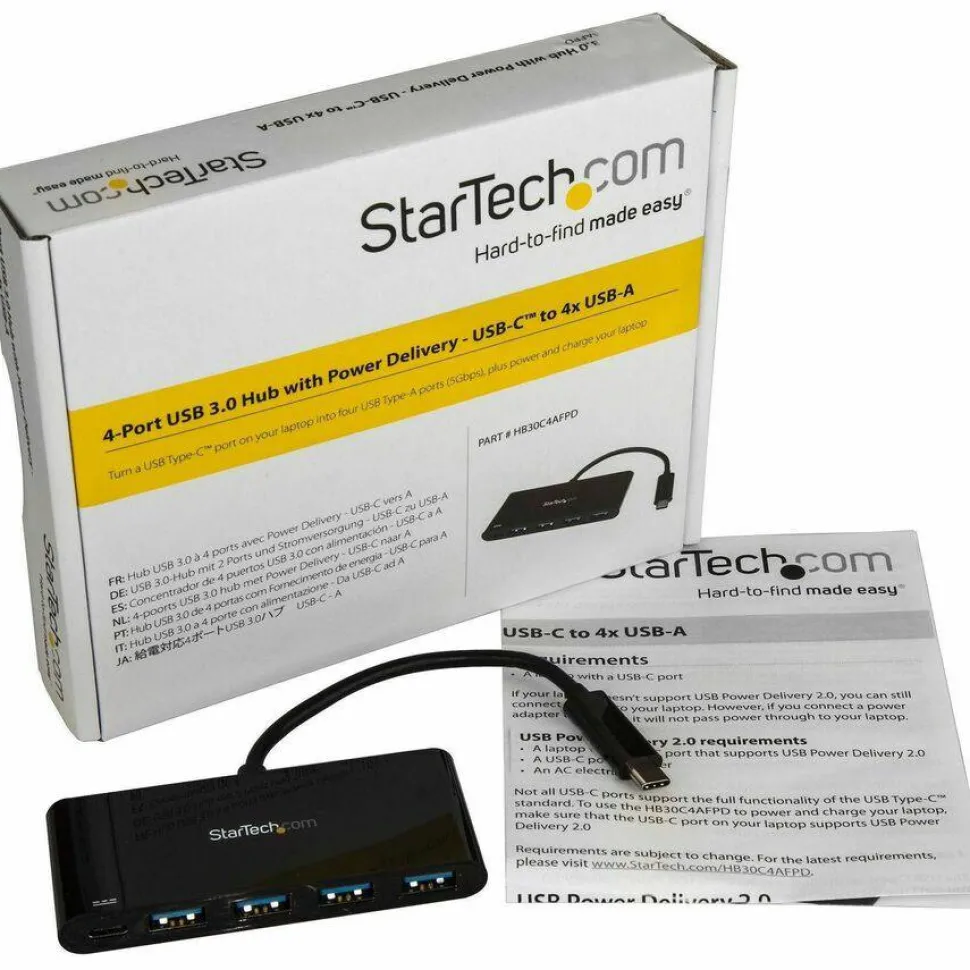 StarTech.com 4 Port USB C Hub with 4x USB Type-A USB 3.0 SuperSpeed 5Gbps - 60W Power Delivery Passthrough - HB30C4AFPD