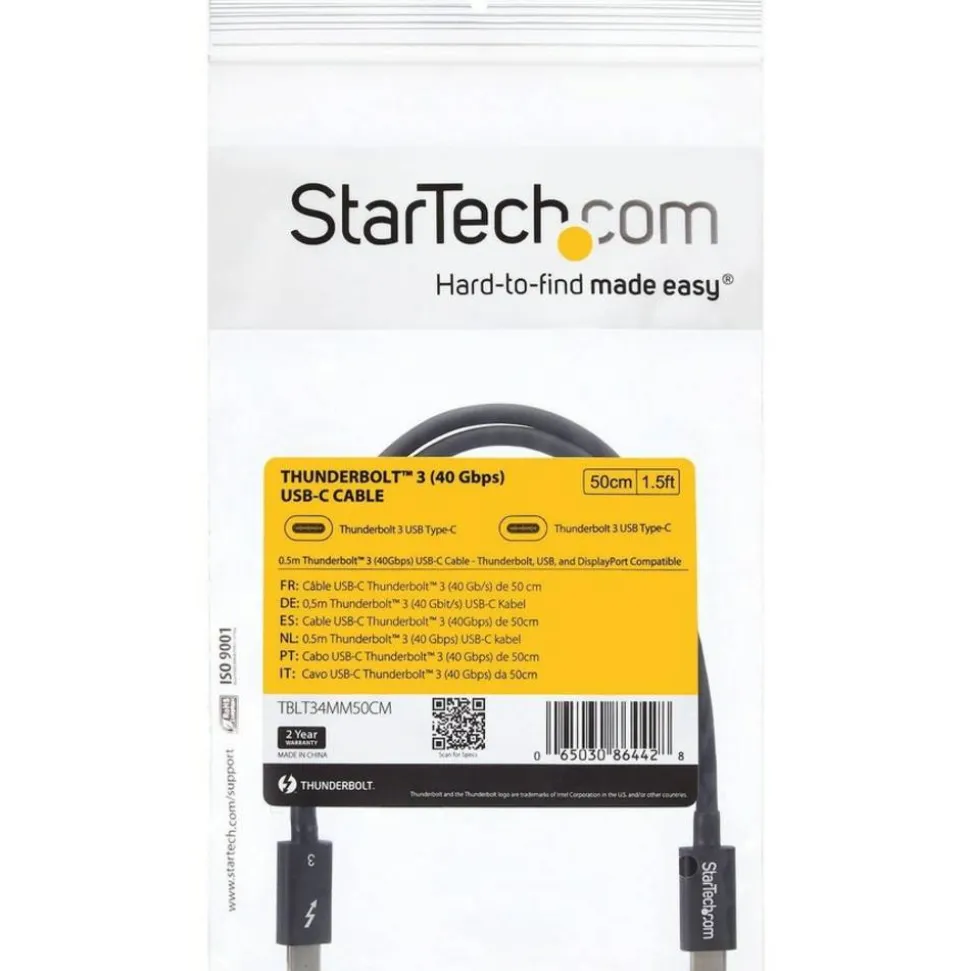 StarTech.com Thunderbolt 3 Cable - 40Gbps - Daisy Chainable - Passive - USB C Cable - USB-C Thunderbolt to Thunderbolt Cable - TBLT34MM50CM