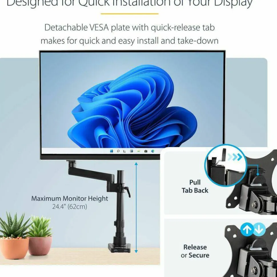 StarTech Desk Mount Monitor Arm with 2x USB 3.0 ports for VESA Display up to 34" (17.6lb/8kg), C-Clamp/Grommet, Mechanical Spring