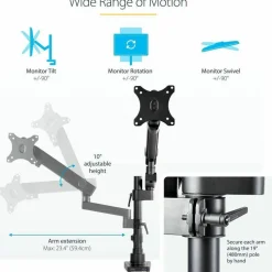StarTech Desk Mount Monitor Arm with 2x USB 3.0 ports for VESA Display up to 34