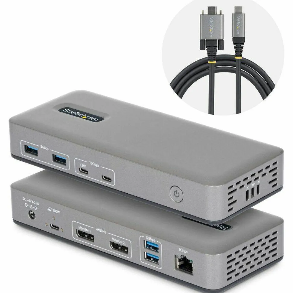 StarTech Dual-Monitor USB-C Docking Station, DisplayPort, 4K 60Hz, 100W Laptop Charging, 1GbE, Driverless, Multi-Monitor Dock