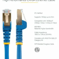 StarTech 1ft CAT6a Ethernet Cable - 10 Gigabit Category 6a Shielded Snagless 100W PoE Patch Cord - 10GbE Blue UL Certified Wiring/TIA
