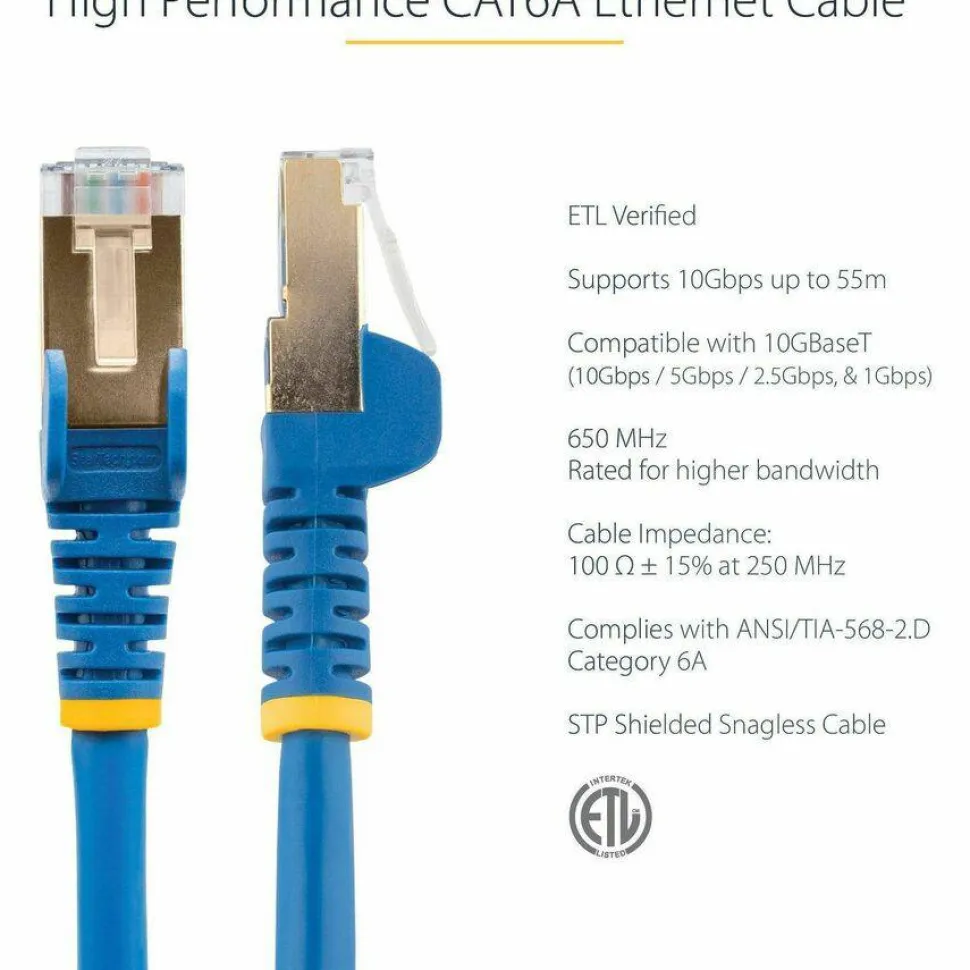 StarTech 1ft CAT6a Ethernet Cable - 10 Gigabit Category 6a Shielded Snagless 100W PoE Patch Cord - 10GbE Blue UL Certified Wiring/TIA