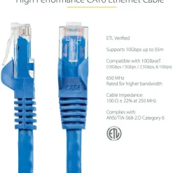 StarTech 100ft CAT6 Ethernet Cable - Blue Snagless Gigabit - 100W PoE UTP 250Mhz Category 6 Patch Cord UL Certified Wiring/TIA