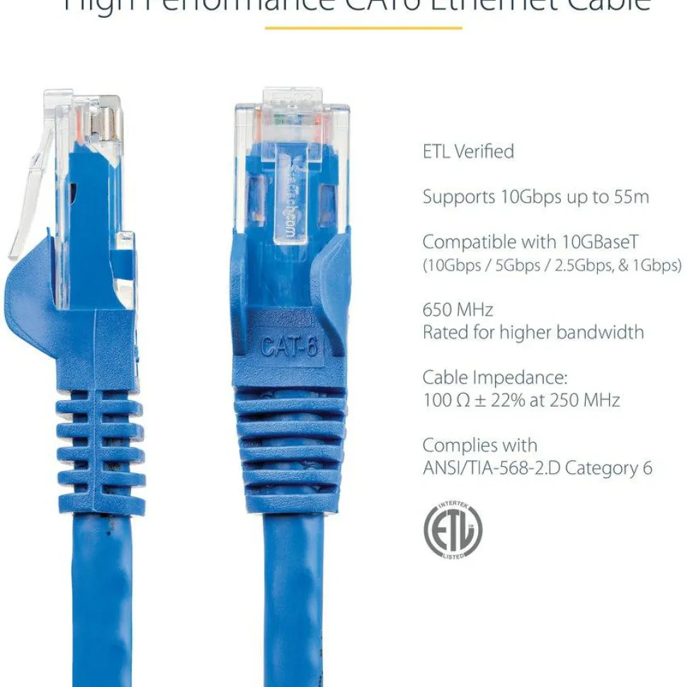 StarTech 100ft CAT6 Ethernet Cable - Blue Snagless Gigabit - 100W PoE UTP 250Mhz Category 6 Patch Cord UL Certified Wiring/TIA
