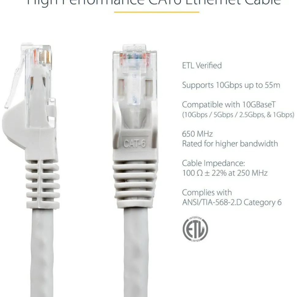 StarTech 7ft CAT6 Ethernet Cable - Gray Snagless Gigabit - 100W PoE UTP 250Mhz Category 6 Patch Cord UL Certified Wiring/TIA