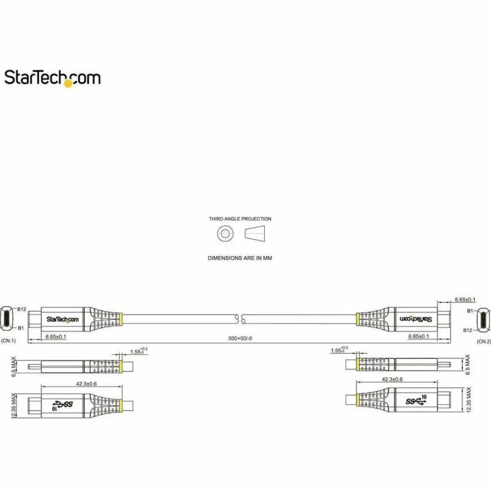 StarTech 1.6ft (50cm) USB-C Cable, USB 10Gbps, 100W (5A) Power Delivery, 8K 60Hz / 4K 144Hz DP Alt Mode, Thunderbolt Compatible