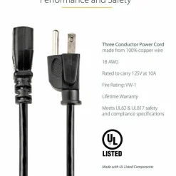 StarTech 3ft (1m) Computer Power Cord, NEMA 5-15P to C13, 10A 125V, 18AWG, Black Replacement AC PC Power Cord, TV/Monitor Power Cable