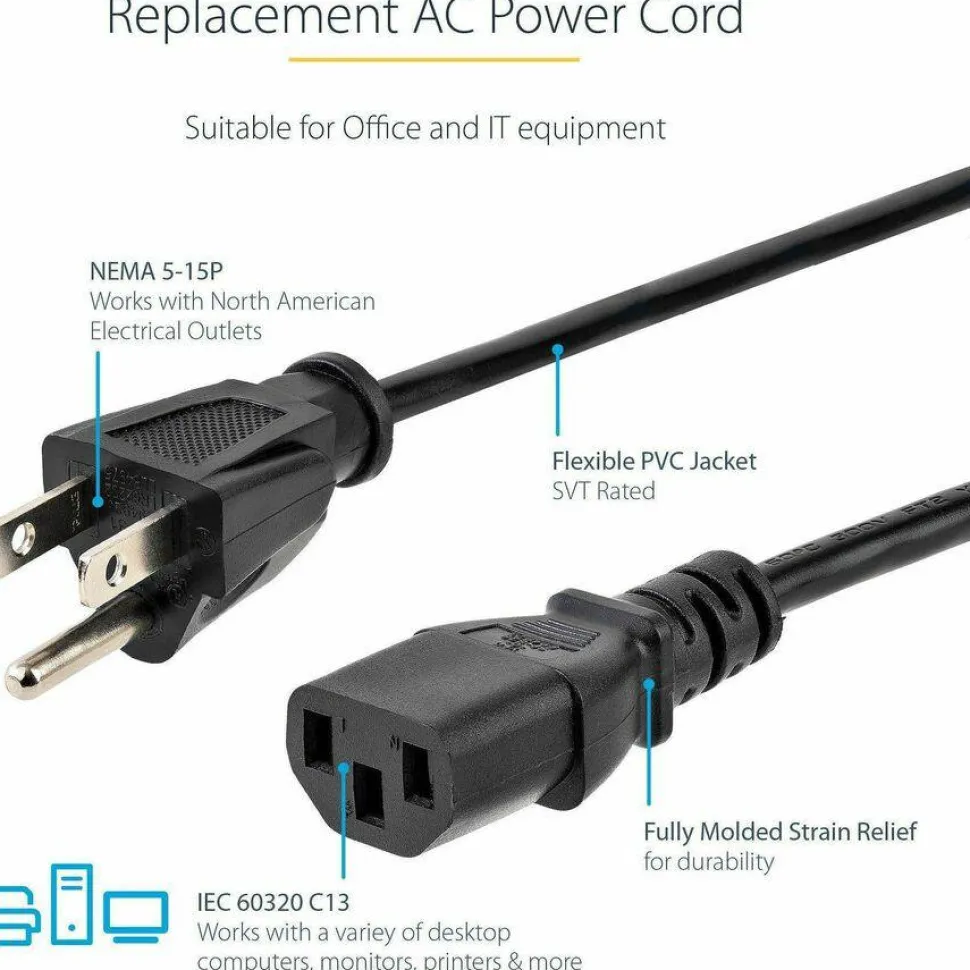 StarTech 3ft (1m) Computer Power Cord, NEMA 5-15P to C13, 10A 125V, 18AWG, Black Replacement AC PC Power Cord, TV/Monitor Power Cable