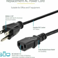 StarTech 10ft (3m) Computer Power Cord, NEMA 5-15P to C13, 10A 125V, 18AWG, Black Replacement AC PC Power Cord, TV/Monitor Power Cable