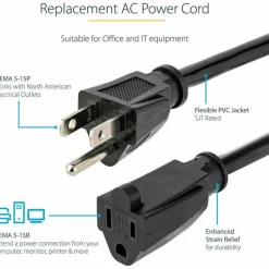 StarTech 6ft (1.8m) Heavy Duty Extension Cord, NEMA5-15R to NEMA5-15P Black Extension Cord, 15A 125V, 14AWG, Heavy Gauge Power Cable