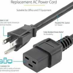 StarTech 3ft (1m) Heavy Duty Power Cord, NEMA 5-15P to C19, 15A 125V, 14AWG, Computer Power Cord, Heavy Gauge Power Cable