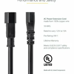 StarTech 3ft (1m) Power Extension Cord, C14 to C13, 10A 125V, 18AWG, Computer Power Cord Extension, Power Supply Extension Cable