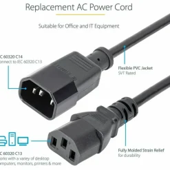 StarTech 2ft (0.6m) Power Extension Cord, C14 to C13, 10A 125V, 18AWG, Computer Power Cord Extension, Power Supply Extension Cable