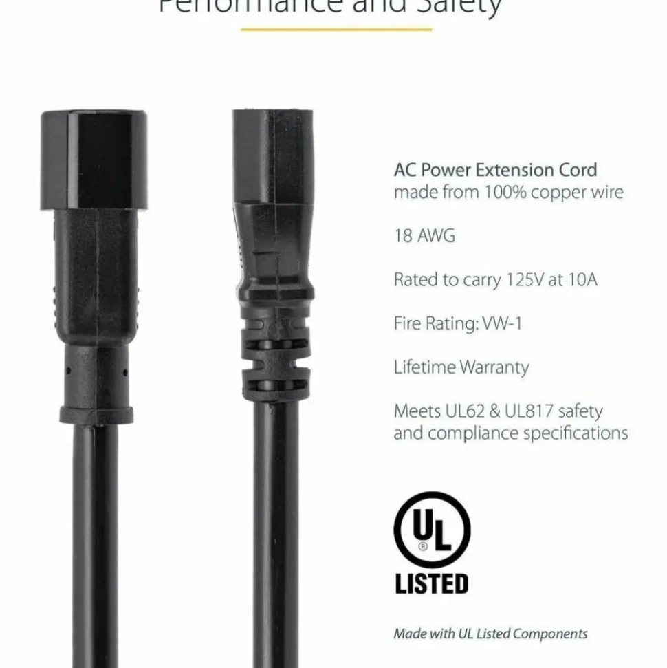 StarTech 2ft (0.6m) Power Extension Cord, C14 to C13, 10A 125V, 18AWG, Computer Power Cord Extension, Power Supply Extension Cable