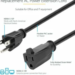 StarTech 1ft (0.3m) Short Extension Cord, NEMA5-15R to NEMA5-15P Black Extension Cord, 13A 125V, 16AWG, Computer Power Extension Cable