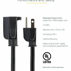 StarTech 1ft (0.3m) Short Extension Cord, NEMA5-15R to NEMA5-15P Black Extension Cord, 13A 125V, 16AWG, Computer Power Extension Cable