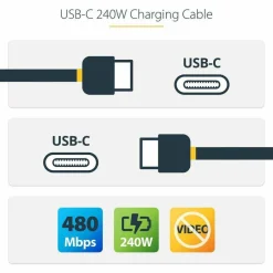 StarTech 6ft (1.8m) USB-C Charging Cable, Charge & Sync, 240W (5A) PD EPR, USB 2.0 Laptop Charger Cable, USB-IF Certified , TPE Jacket