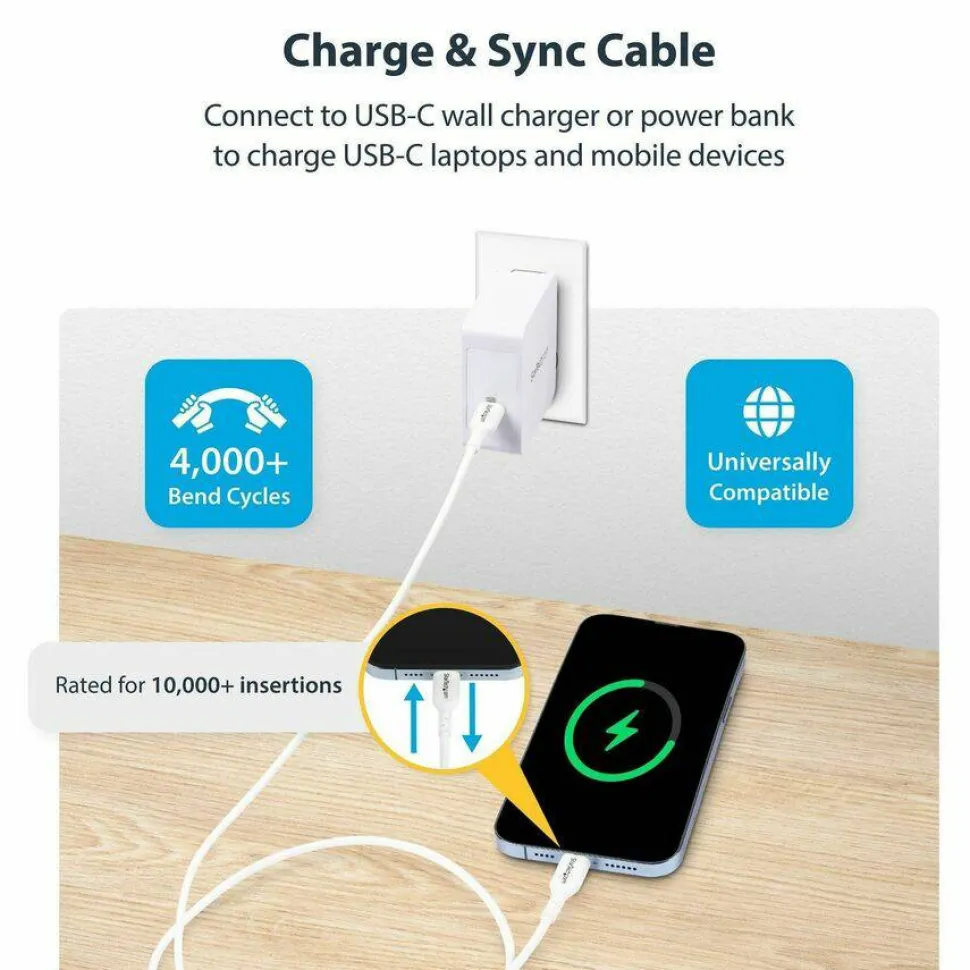 StarTech 3.3ft (1m) USB-C Charging Cable, Charge & Sync, 60W (3A) PD, USB 2.0 Laptop Charger Cable - White USB C Charging Cord