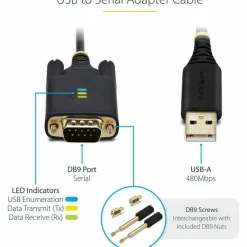 StarTech 3ft (1m) USB to Serial Adapter Cable, COM Retention, FTDI IC, DB9 RS232, Interchangeable DB9 Screws/Nuts, Windows/macOS/Linux