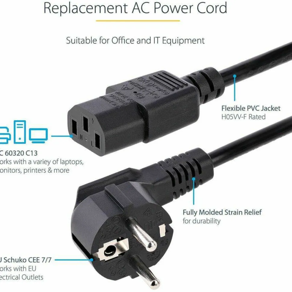 StarTech 6 ft 2 Prong European Power Cord for PC Computers