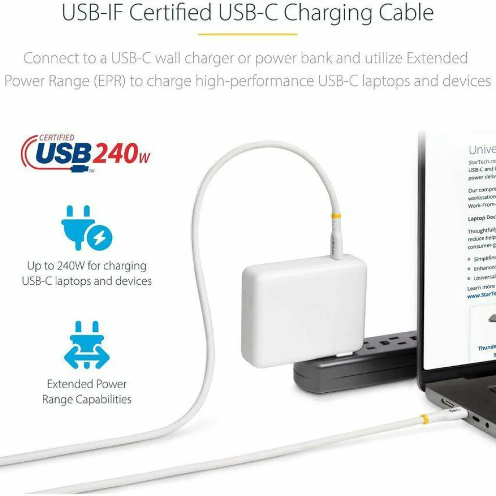 StarTech 3ft White USB-C Charging Cable, USB-IF Certified USB C Cable, 240W PD EPR, USB 2.0 Type-C Laptop Charger Cord, TPE Jacket