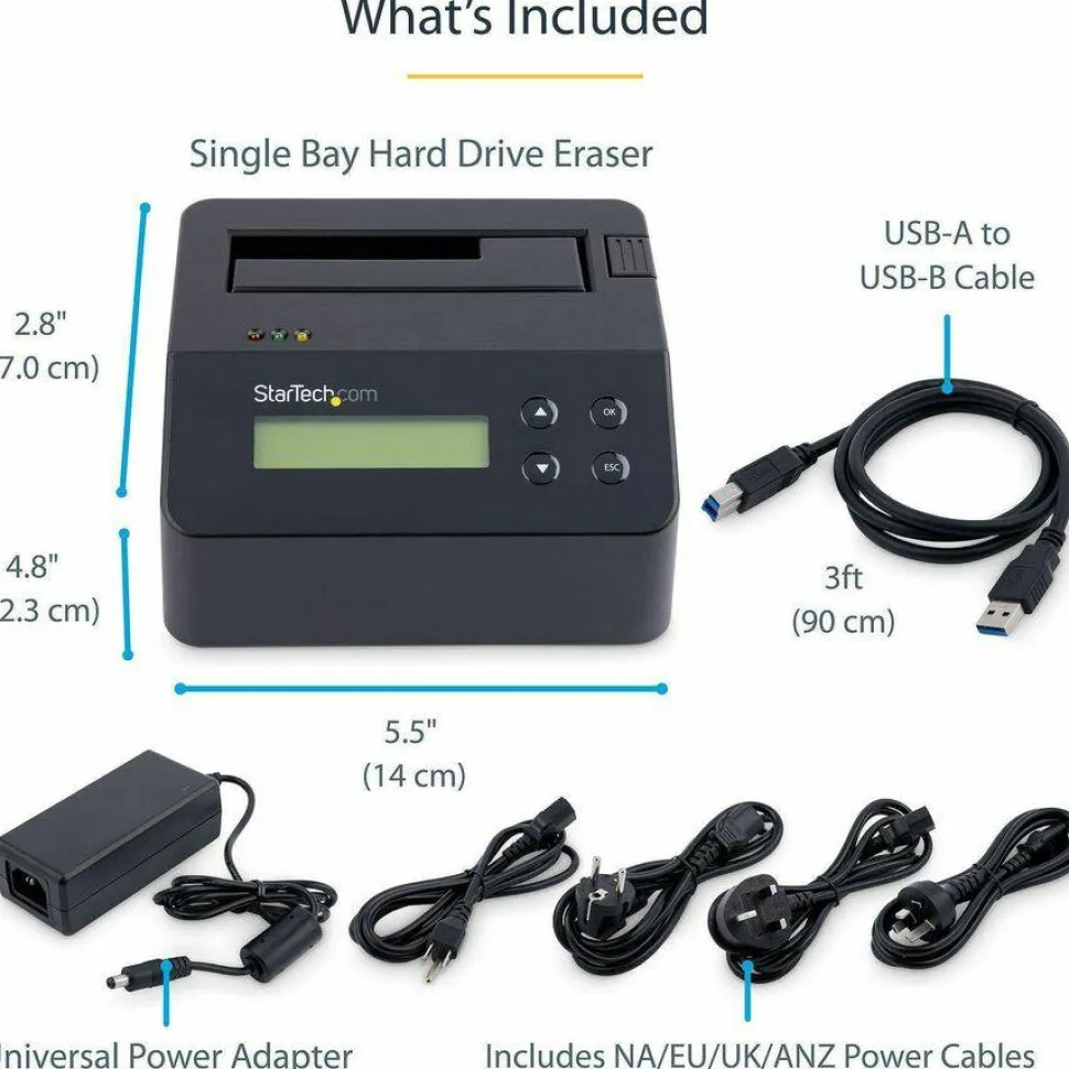 StarTech Hard Drive Eraser, Standalone HDD/SSD Sanitizer, 4Kn, Secure Erase Hard Disk Wiper Dock, Hardware Erasing Tool, TAA Compliant