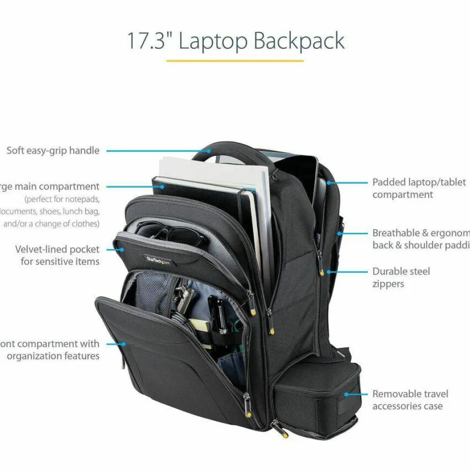 StarTech 17.3" Laptop Backpack w/ Removable Accessory Case, Professional IT Tech Backpack for Work/Travel/Commute, Nylon Computer Bag