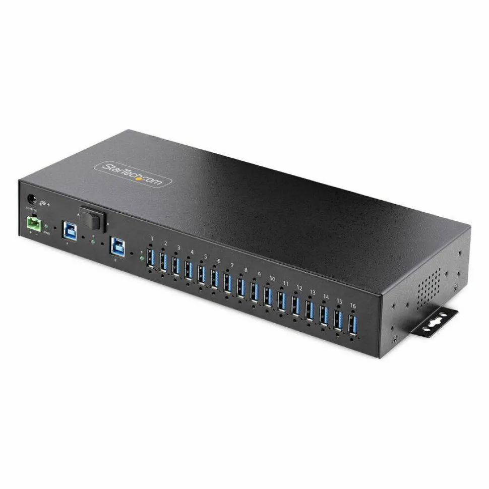 StarTech 16-Port Industrial USB 3.0 Hub 5Gbps, Mountable, Terminal Block Power Up to 120W Shared, USB Charging, Dual-Host Switch, TAA