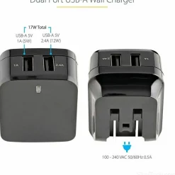 StarTech 2 Port USB Wall Charger, 17W Wall Charger Hub (2.4A & 1A port), Dual USB-A Power Adapter, Portable Charger for Phones/Tablets