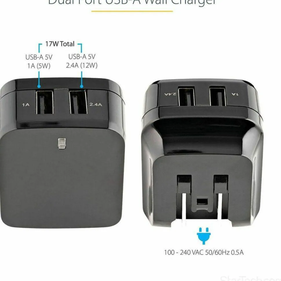StarTech 2 Port USB Wall Charger, 17W Wall Charger Hub (2.4A & 1A port), Dual USB-A Power Adapter, Portable Charger for Phones/Tablets