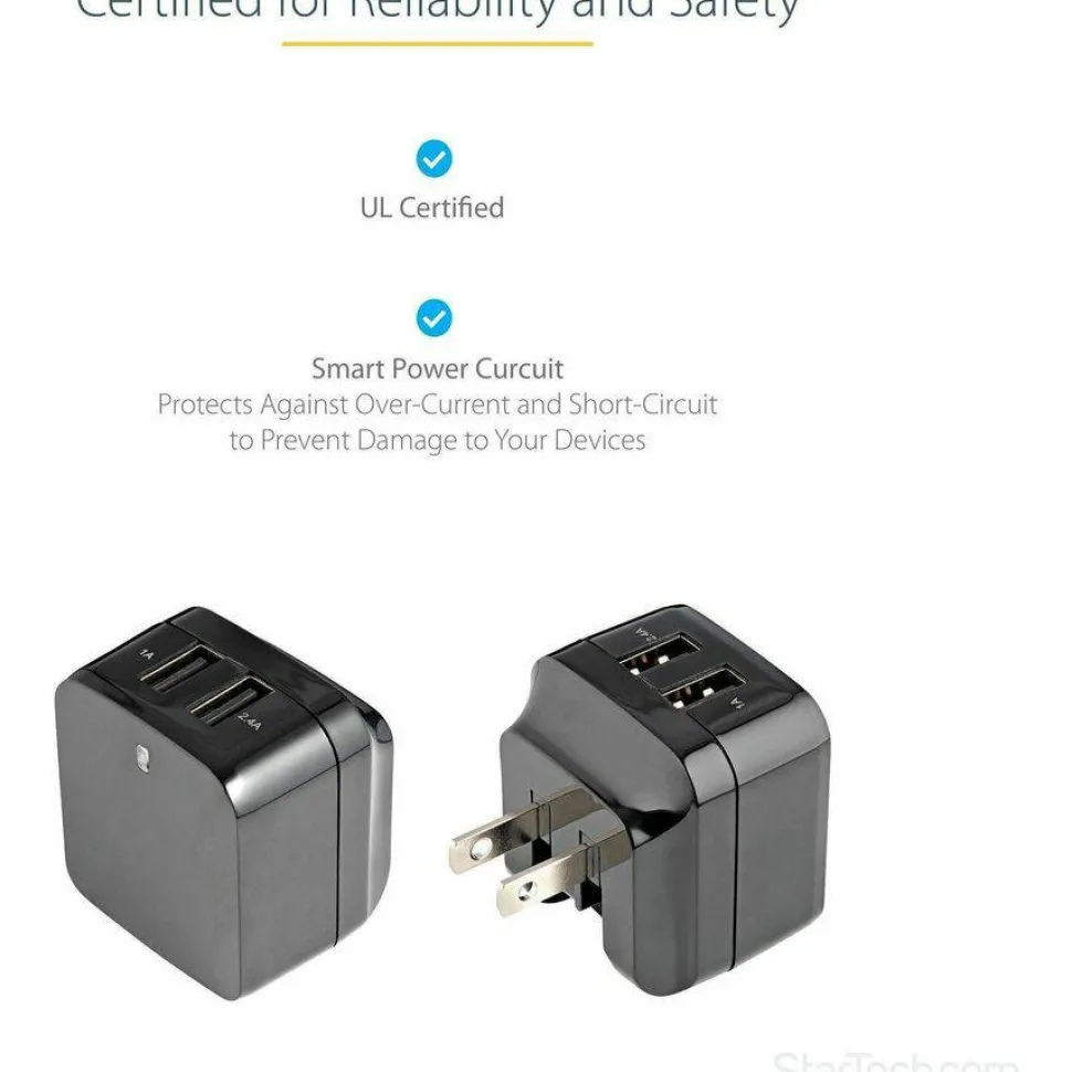 StarTech 2 Port USB Wall Charger, 17W Wall Charger Hub (2.4A & 1A port), Dual USB-A Power Adapter, Portable Charger for Phones/Tablets