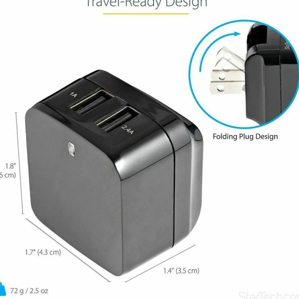 StarTech 2 Port USB Wall Charger, 17W Wall Charger Hub (2.4A & 1A port), Dual USB-A Power Adapter, Portable Charger for Phones/Tablets