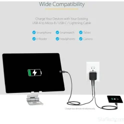StarTech 2 Port USB Wall Charger, 17W Wall Charger Hub (2.4A & 1A port), Dual USB-A Power Adapter, Portable Charger for Phones/Tablets