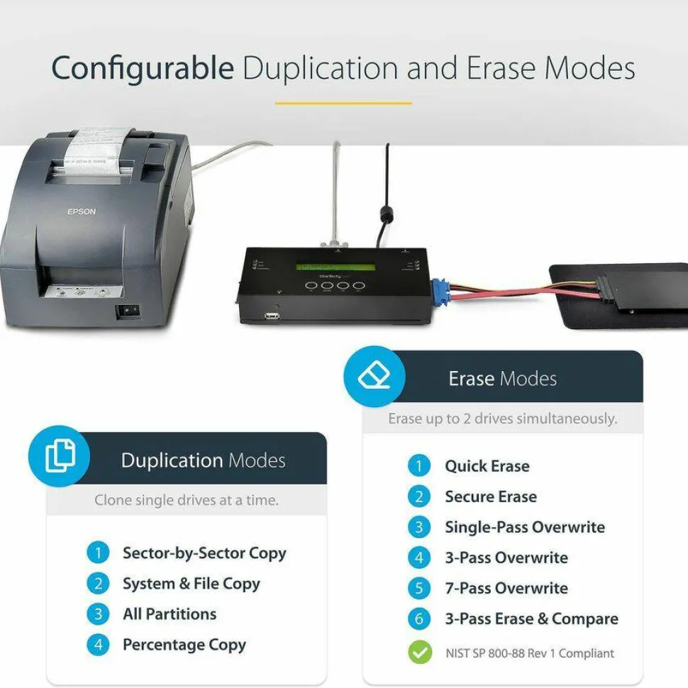 StarTech 1:1 Standalone Hard Drive Duplicator and Eraser, SAS/SATA HDD/SSD Cloner/Copier & Disk Eraser/Sanitizer/Wiper, Toolless, TAA