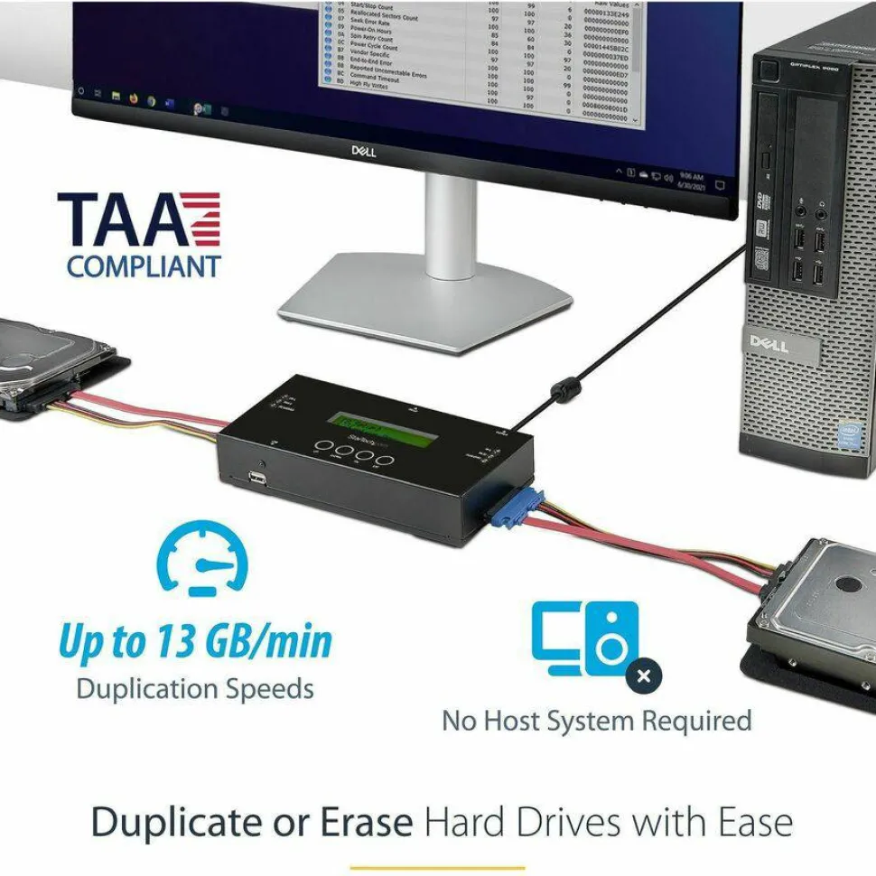StarTech 1:1 Standalone Hard Drive Duplicator and Eraser, SAS/SATA HDD/SSD Cloner/Copier & Disk Eraser/Sanitizer/Wiper, Toolless, TAA