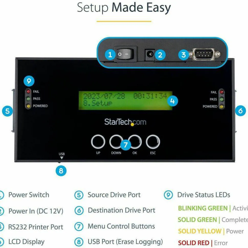 StarTech 1:1 Standalone Hard Drive Duplicator and Eraser, SAS/SATA HDD/SSD Cloner/Copier & Disk Eraser/Sanitizer/Wiper, Toolless, TAA