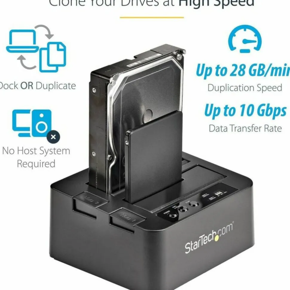 StarTech Standalone Hard Drive Duplicator, External Dual Bay HDD/SSD Cloner/Copier, USB 3.1 to SATA Drive Docking Station, Disk Cloner